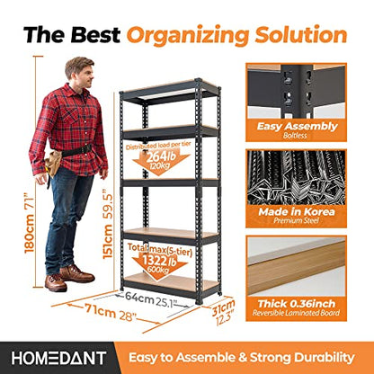 HOMEDANT Black 28" W 5 Tier Storage Shelves Garage Shelving Unit Metal - color: Black, size: 28"W x 12.3"D