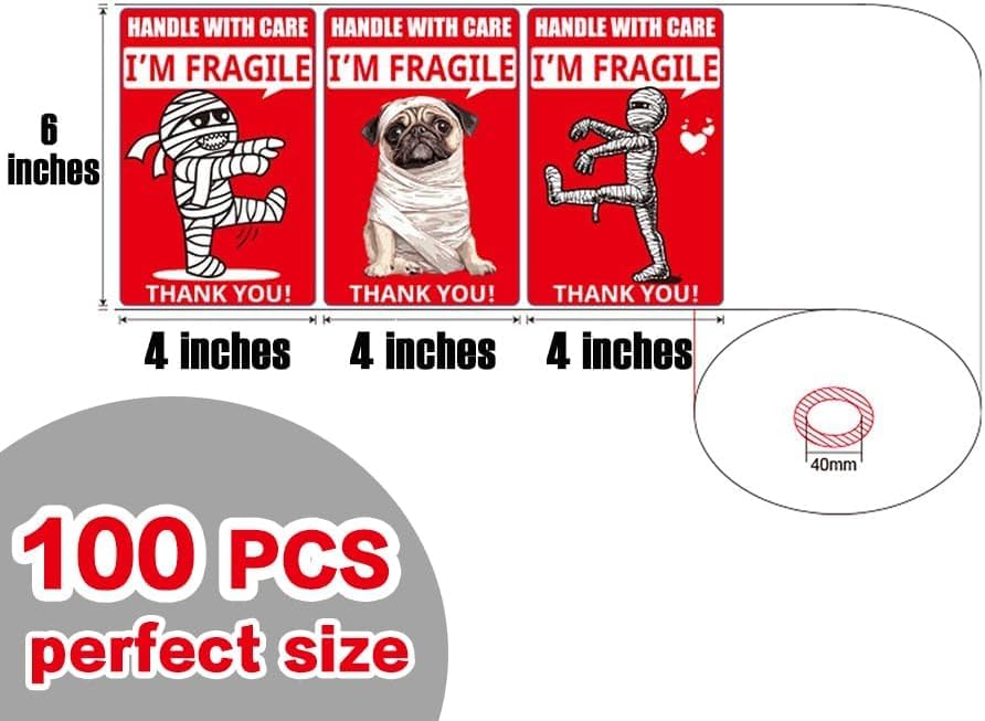 Large Funny Fragile Stickers – 6x4 inch Humorous Mummy & Dog 'Handle with Care'Packing Labels for Shipping, Moving & Gift Boxes - style: 4*6 inch fragile