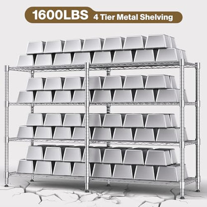 Himimi 4-Tier Metal Shelving-1600LBS Capacity, Adjustable Wire Shelf Unit with Leveling Feet for Kitchen, Garage, Pantry, Laundry, 72" W x 18" D x 60" H, Silver - color: Silver Grey, size: 72"W×18"D×60"H, 4-Tier