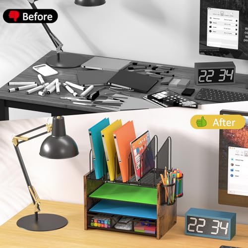 DAOUTIME 4-Tier Mesh Desk Organizer, Wooden Desk File Organizer with 5 Vertical File Holders and 2 Pen Holders, Desktop Organizers and Accessories with Drawer for Home Office (Pack of 2) - size: With Drawer (Pack of 2)