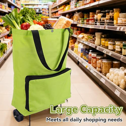 Collapsible Shopping Grocery Bag With Wheels Rolling Tote Bag With Wheels Large Reusable Shopping Bags Foldable Cart - color: Green