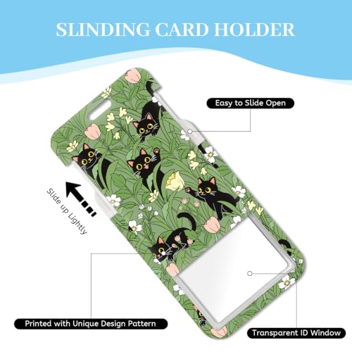 Hancynir Black Cat Flower Lanyards for Id Badges with Retractable Reel Clip - color: Floral Cat