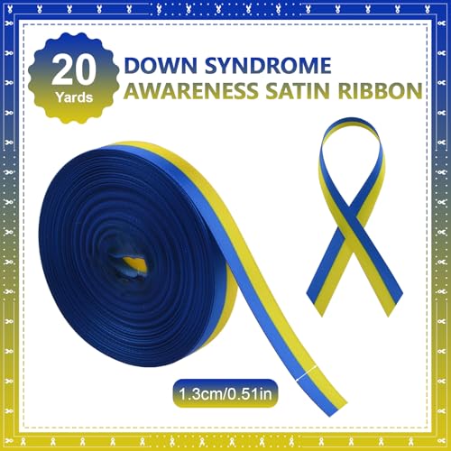 WANDIC 20 Yards Down Syndrome Awareness Satin Ribbon, Yellow & Blue Ribbon World Down Syndrome Day for Gift Wrapping, Brooch Making - color: Yellow & Blue