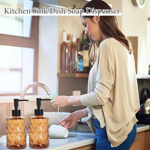 Brown Glass Soap Dispenser, 11 Oz/330ml Liquid Hand Soap Dispenser Set for Kitchen Sink and Bathroom, Dish Lotion Dispenser Set, Diamond Lotion Bottles with Black Pump&Funnel - color: Brown&black