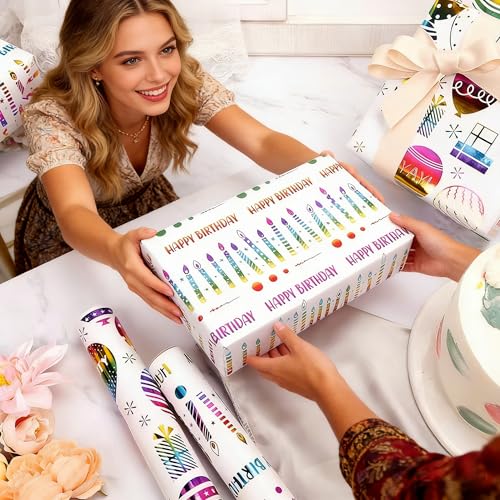 VOWOVOSDAY Happy Birthday Wrapping Paper Roll-3 Rolls-17 inch x 120inch Per roll-Colorful Foil Birthday Wrapping Paper for Valentine's Day,Kids Girls Birthday,Baby Shower(10Balloon&Candle) - color: Iridescent Happy Birthday & Balloon & Candle