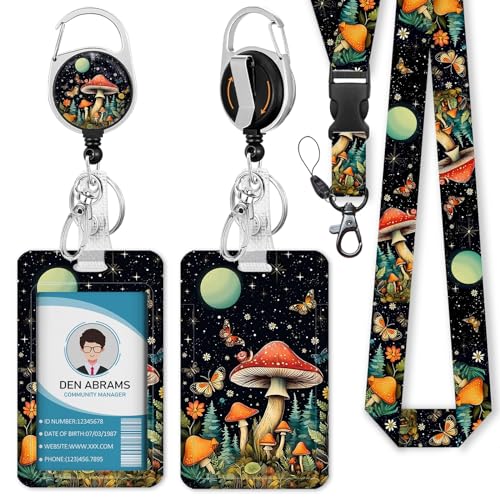 Piefly Lanyards for Id Badge, Teacher Card Holder Retractable Reel Mushroom - color: Mushroom
