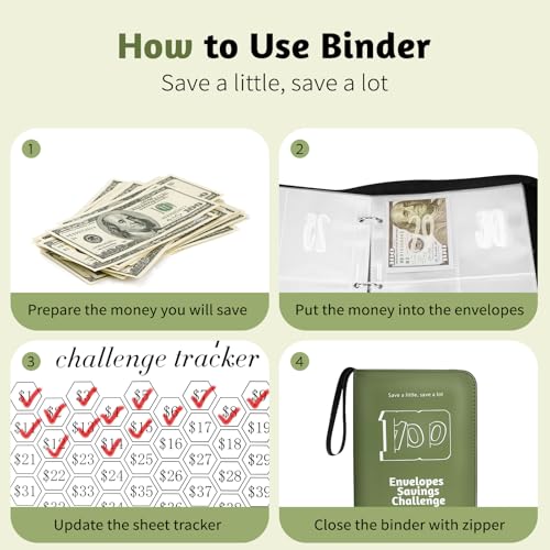 RONMONG 100 Envelopes Challenge Binder, Money Saving Binder, Budget Book - color: Green Style 1