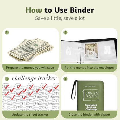 RONMONG 100 Envelopes Challenge Binder, Money Saving Binder, Budget Book - color: Green Style 1