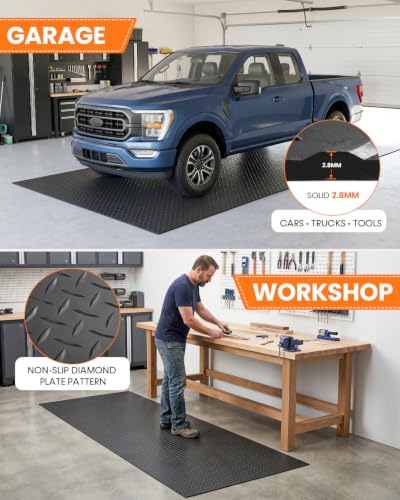 SEAL 6 x 10 FT Premium Garage Floor Mat, Solid 2.8mm Thick Lay-Flat Black Commercial Grade Heavy Duty Parking Mat for Garage Floor, Golf Cart, Water/Stain Resistant Runner (Embossed Diamond Plate) - size: 120"L x 72"W x 0.1"Th