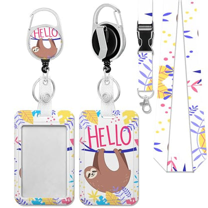 Cute Sloth Badge Holder Colorful Tropical Leaves Plastic Case with Retractable Badge Reel Carabiner Clip and Detachable Lanyard Strap Vertical Card Protector for Women Nurse Teacher Student - color: Cute Sloth