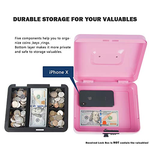 KYODOLED Large Cash Box with Combination Lock,Money Box with Cash Tray, Lock Safe Box with Key,Money Saving Organizer,11.81Lx 9.45Wx 3.54H Inches,Pink XL Large