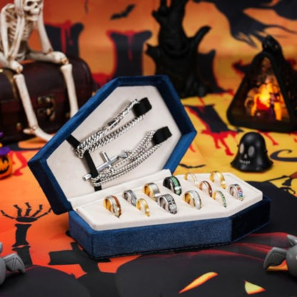Mens Velvet Ring Box Organizer Coffin-Shape Unisex Storage Case for Rings - color: Blue&White
