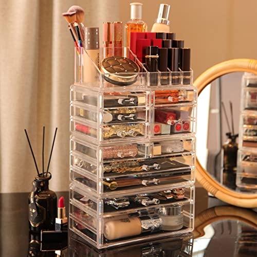 Cq acrylic 4 Pack Clear Makeup Organizer Countertop,Stackable 11 Drawers Skincare Organizer,Cute Skin Care Organizer for Vanity Hair Clip,Jewelry,Beauty Product Desk and Make Up Organizers for Vanity - size: 11 Drawers