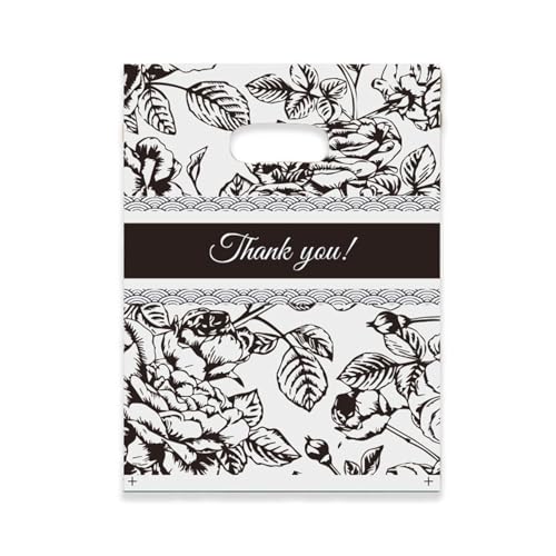 100 Count 5.8 "x 7.8" Plastic Thank You Merchandise Bags, Shopping Bag for Small Business, Retail Bags, Crafts Bag with Die Cut Handle - Black Flower - color: Black Flower, size: 5.8'' x 7.8''