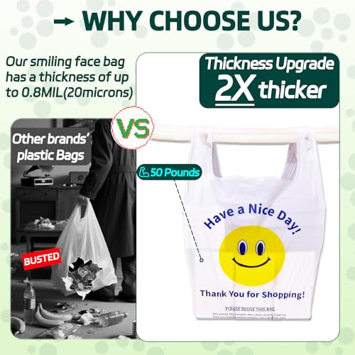 YovhVon 0.8Mil(20 Microns), 50 Count, Plastic Bags with Handles, T-Shirt bags, Thank You bags, Shopping Bag, Grocery Bag, |for Store, Carry, Pack|, White, 1/6 Barrel, Large 11"x6"x21", Heavy Duty
