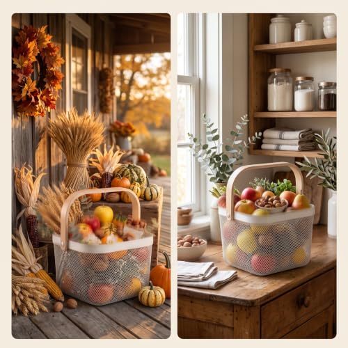 Roshtia 6 Pcs Metal Mesh Basket with Handle, Fall Farmhouse Garden Basket - color: White, size: 9.65 x 9.65 x 7.09 Inch