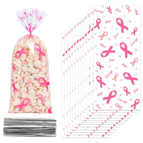 ZYLOP Breast Cancer Awareness Cellophane Bags, 50 Pcs 5x11 In Pink Ribbon Clear Treat Bags with 60 Pcs Silver Twist Ties, OPP Plastic Goody Gift Bags for Charity Fundraiser Events Party Favors - color: Pink 50pcs
