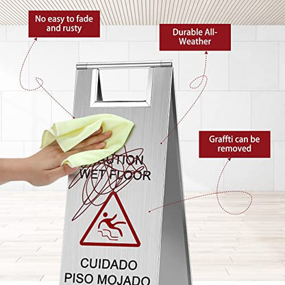 LEIFIDE 1 Pcs Wet Floor Signs, Bilingual Stainless Steel,Silver - color: Silver