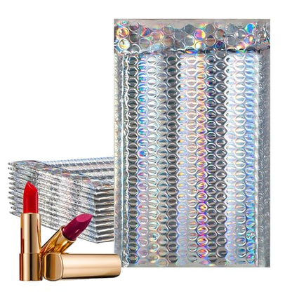 Holographic Bubble Mailers, 5 x 9 Inches. Pack of 25 Metallic Bubble Envelope. Opaque Glitter Padded Envelopes for Gifts. Waterproof Mailing Envelopes. Self-Seal Metallic Mailers - color: Holographic, size: 5" x 9" / 25 Pack