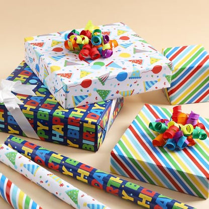 BIOBROWN Happy Birthday Wrapping Paper for Boys, Colorful Balloon & Striped - color: Blue&Birthday