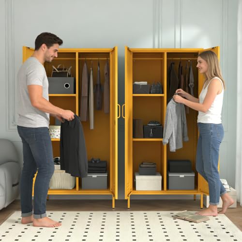 Metal Armoire Wardrobe Closet, 67" Tall Yellow Lockable Wardrobe Cabinet with 2 Doors, Hanging Rod and Adjustable Shelves, Steel Clothing Storage Cabinet for Bedroom, Home, Cloak Room, Gym, Office - color: Mustard, style: Wardrobe-67"H-JS