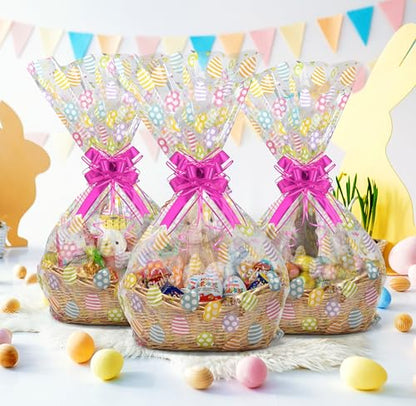 Easter Basket Bags 10 Pack 24x30 Inch Clear Treat Wrap with Colorful Egg Print and Twist Ties Large Plastic Gift Bags for Candy Favors and Party Supplies