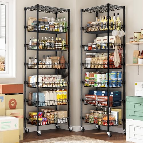 DurayLoly 7-Tier 300LBS Basket Wire Shelving Unit, Locking Wheels, Black - size: 72" H x 24" W x 14" D