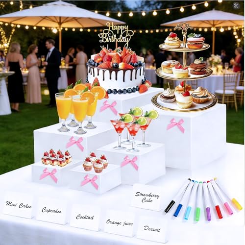 6 Pcs Acrylic Buffet Risers with Mini Signs and Makers for Display Party - color: White