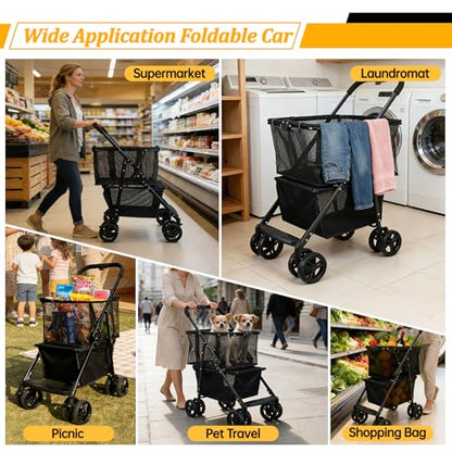 2-in-1 Folding Shopping Cart & Pet Stroller 110 LB Grocery Cart
