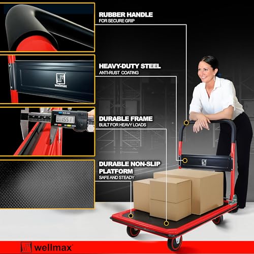 Wellmax Push Cart Dolly, Foldable Moving Platform Flat Cart, 660 lb, Red - color: Red, size: 660 Lbs