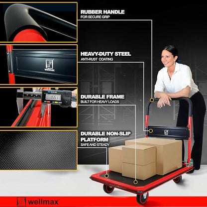 Wellmax Push Cart Dolly, Foldable Moving Platform Flat Cart, 660 lb, Red - color: Red, size: 660 Lbs