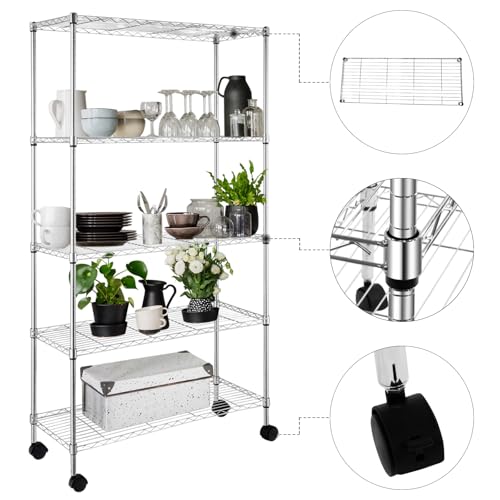 5-Tier Shelf, Adjustable Wire Metal Rack Shelving, Heavy Duty Standing Storage Shelves, Garage, Kitchen, Office, Bathroom, Shelfs Easy Assembly, 35" W x 14" D x 65" H Wheels, Chrome - color: Chrome, size: 5-tier 35.43"W x 13.78"D x 65"H Wheels