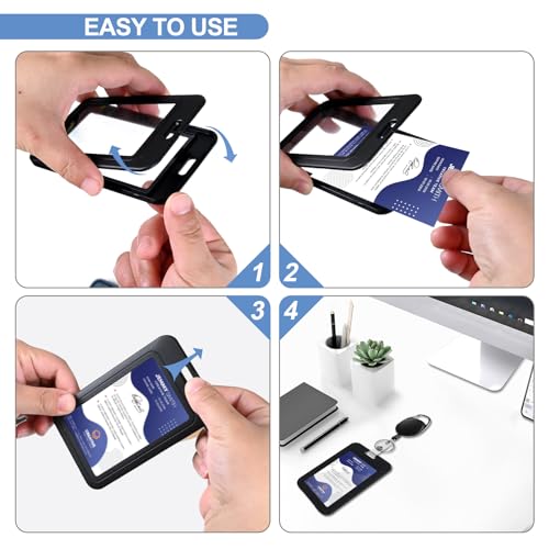 Clear Double Sided Visualization Window Vertical Plastic ID Name Card Holders,Retractable Badge Reels and Lanyard,for Key Card Conference Licenses Passes Nurses Coach Employees School and Office - color: Black-4, size: 2 Clear Holders, 2 Oval Reels, 1 Lan