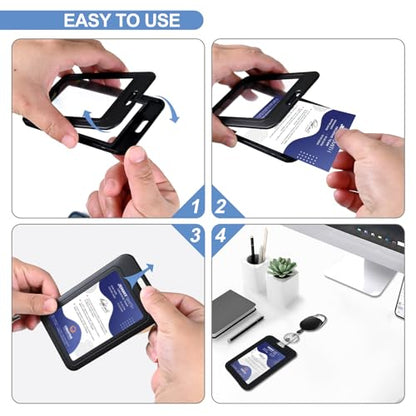 Clear Double Sided Visualization Window Vertical Plastic ID Name Card Holders,Retractable Badge Reels and Lanyard,for Key Card Conference Licenses Passes Nurses Coach Employees School and Office - color: Black-4, size: 2 Clear Holders, 2 Oval Reels, 1 Lan