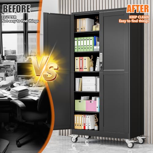 pozdeg 78.74" Black Lockable Rolling Metal Garage Storage Cabinet - color: Black, size: 19.68"D x 39.37"W x 78.74"H