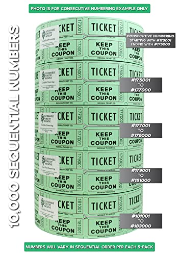 Raffle Tickets Roll, Green, 10,000 Consecutively Numbered - color: C - Green, size: 10,000