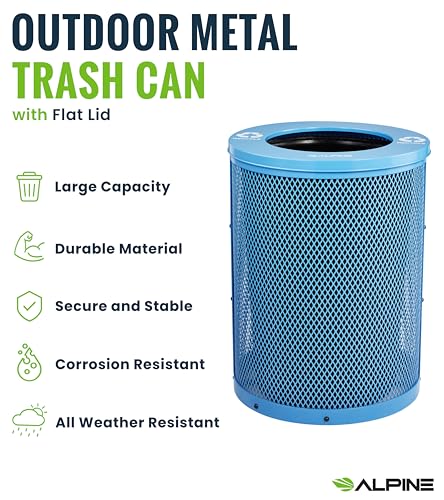 Alpine Outdoor Trash Can 36 Gallon Diamond Steel Commercial Metal Waste Bin with Leak Proof Liner, Heavy Duty Steel Mesh Design, Flat Wide Open Top Lid for Parks, Streets, and Public Spaces-Blue