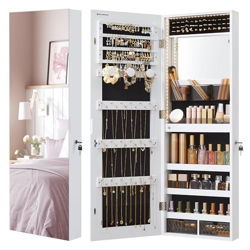 SONGMICS Mirror Jewelry Cabinet Armoire, Wall or Door Mounted, Lockable - color: White, style: 42.5-Inch with Built-in Lighted Mirror