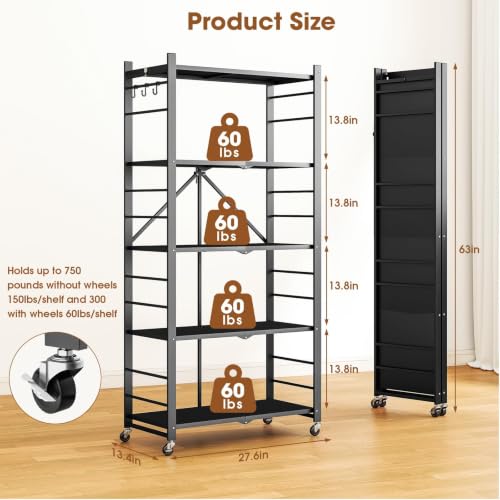 Fenbeli 5-Tier Folding Metal Storage Shelves with Wheels, 750 lb Capacity - color: Black-a, size: 5 Tier