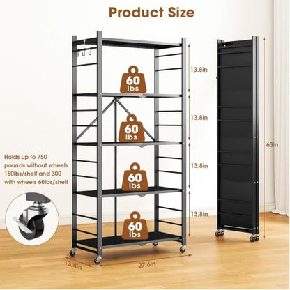 Fenbeli 5-Tier Folding Metal Storage Shelves with Wheels, 750 lb Capacity - color: Black-a, size: 5 Tier