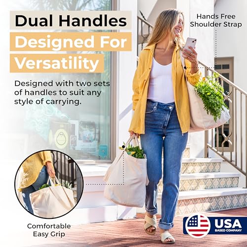 VeraMia Canvas Grocery Bag 3pc XL Set with Real Pockets, Long Shoulder Strap and Short Handle. Heavy Duty, Foldable, Washable - color: Beige