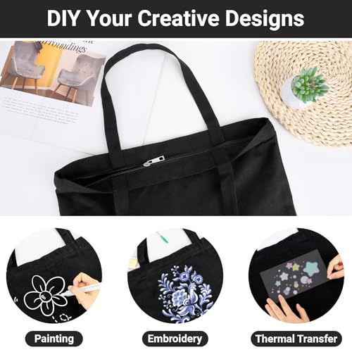Segarty Black Canvas Tote Bag, 3 Packs 16x15 inch Canvas Bags with Zipper, 12Oz Heavy Duty Reusable Washable Grocery Shopping Bag with Handle, Blank Cotton Bags for Kids DIY Crafts Painting Bulk - size: 16.5"x13.4"x3.9", style: Black_3pcs