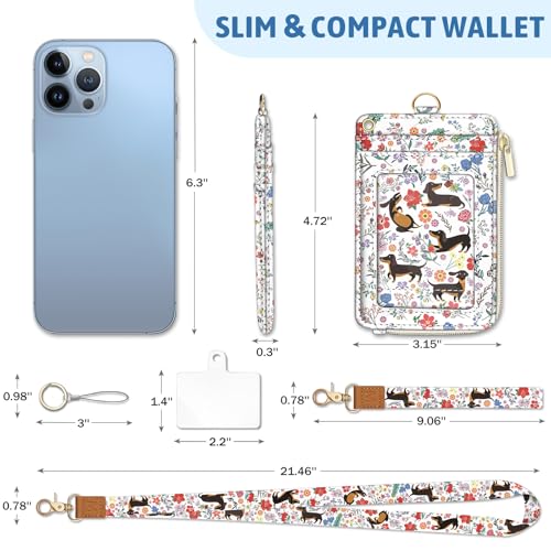 Dachshund Lanyard Wallet with ID Badge Holder, Flower Small RFID Keychain - color: Dachshund Flower