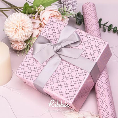 Ribbli Rose Gold Pink Birthday Wrapping Paper Mini Roll, 3 Rolls Grey Pink Black Geometry Pattern with Rose Gold Foil for Valentines Day Mothers Day Wedding - 17 inch x 120 inch(10feet) Per Roll - color: Grey/Pink/Black
