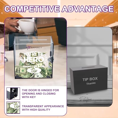 Acrylic Tip Jar with Lock and 2 Keys Donation Box with Double-Sided Adhesive for Wall Mount -Secure Tip Box for Bartenders, Restaurants & Small Business Raffle Box for Bar Musicians Driver 6x6x3 Inch