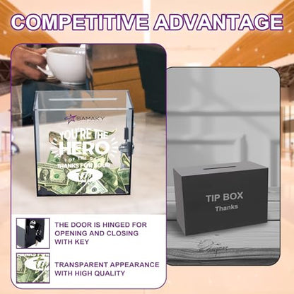 Acrylic Tip Jar with Lock and 2 Keys Donation Box with Double-Sided Adhesive for Wall Mount -Secure Tip Box for Bartenders, Restaurants & Small Business Raffle Box for Bar Musicians Driver 6x6x3 Inch