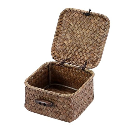 Hipiwe Mini Seagrass Basket Box Wicker Shelf Baskets with Lid, 3.5"x3.5"x2" - color: Coffee color, size: 3.5" x 3.5" x 2"
