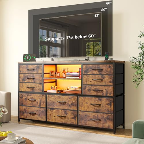 EnHomee Dresser for Bedroom with LED Lights & Charging Station - color: Rustic Brown