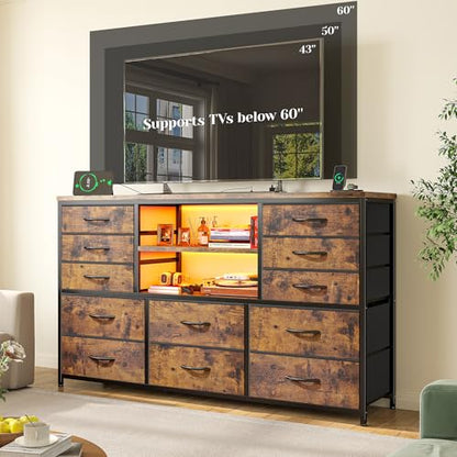 EnHomee Dresser for Bedroom with LED Lights & Charging Station - color: Rustic Brown