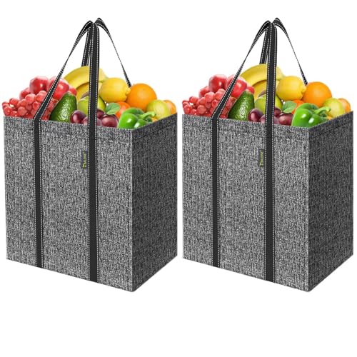 BALEINE 2 PK Grocery Bags Reusable Shopping Bags with Reinforced Bottom, Heavy Duty Foldable Tote Bags (Grey) - color: Grey, size: 2 PK